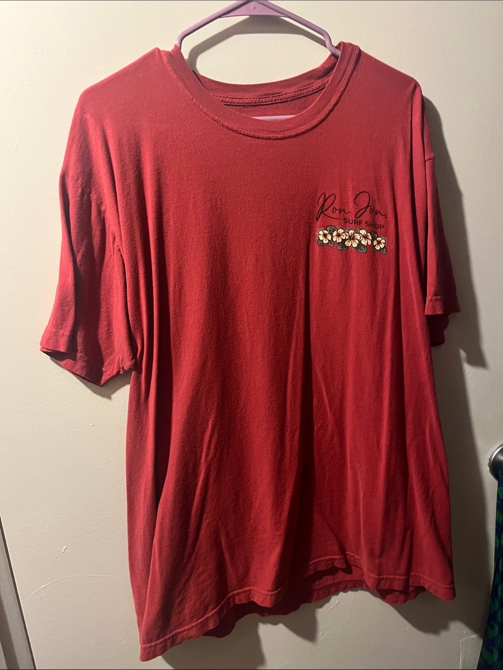Ron Jon Men's Short Sleeve Tee in Red with Floral Chest Accent